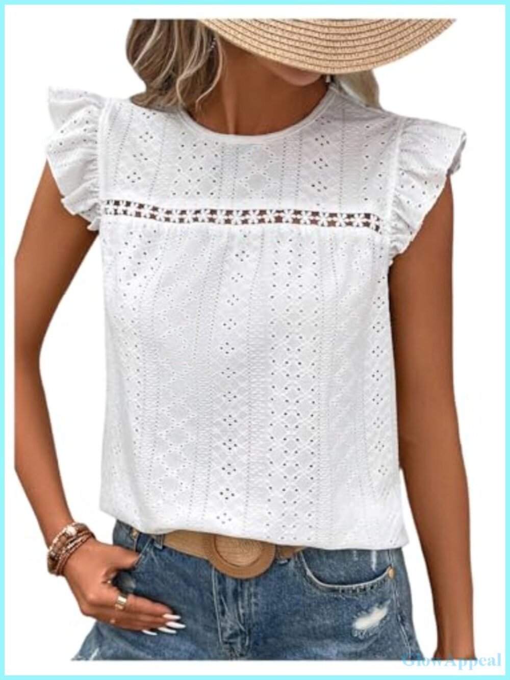 Floerns Boho Eyelet Embroidery Ruffle Cap Sleeve Tee, Polyester Blend, Women's